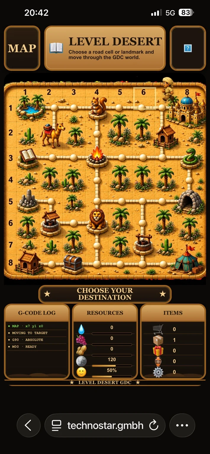 Desert game map with grid and landmarks